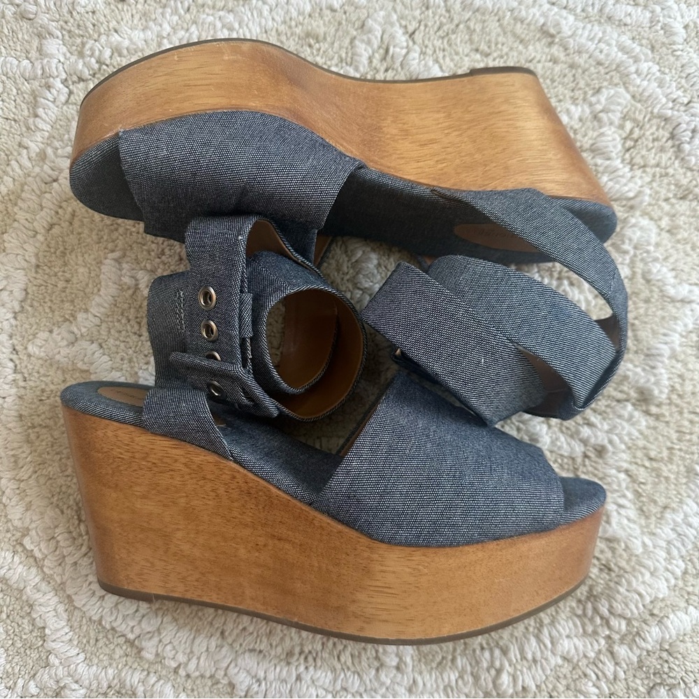 Vintage GAP Design Editions Denim & Wood Ankle Strap with Buckle Platforms